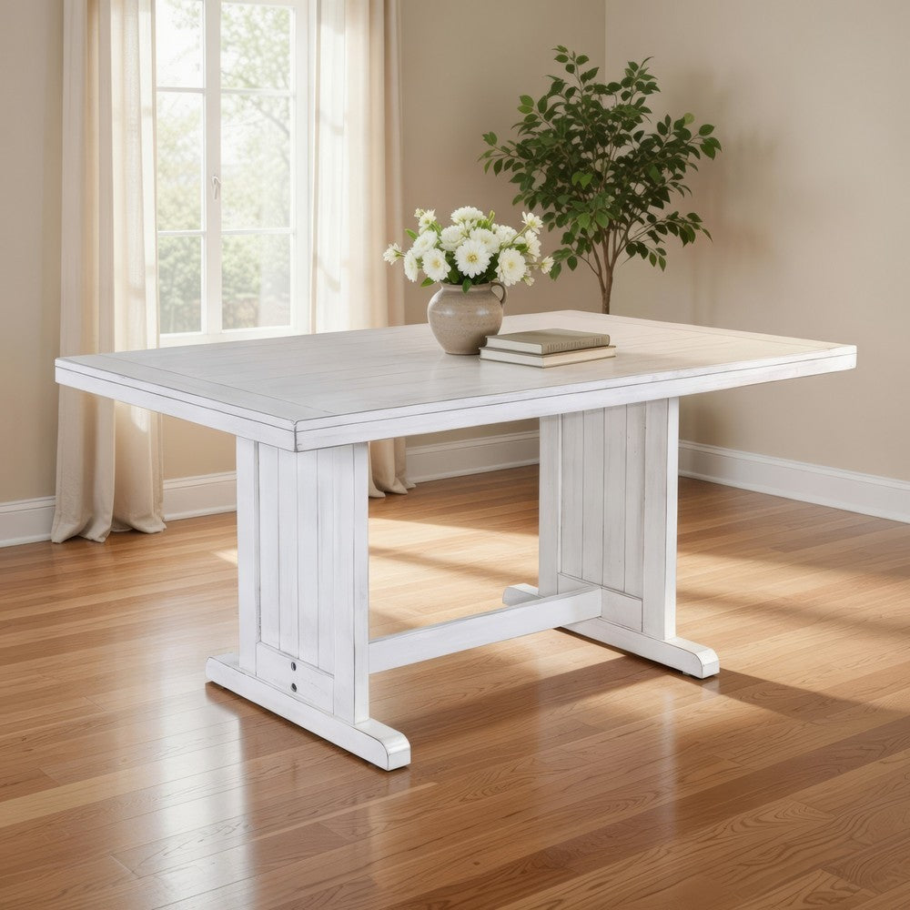 Benjara Sime Dining Table, 60 Inch Rectangular Plank Top, Off White Wood