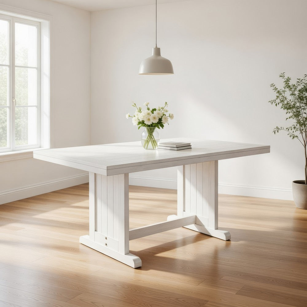 Benjara Sime Dining Table, 60 Inch Rectangular Plank Top, Off White Wood