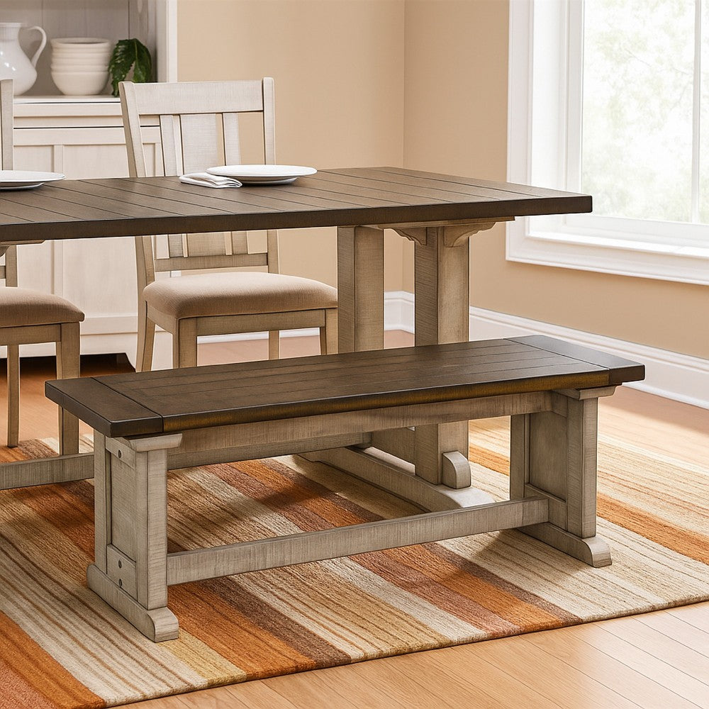 Benjara Camie Side Dining Bench, Plank Dark Brown Gray Mahogany Wood 48 Inch