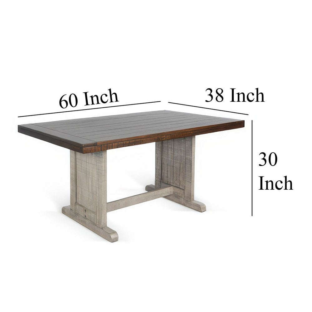 Benjara Camie Dining Table, 60 Inch Rectangular Plank Top, Dark Brown n Gray