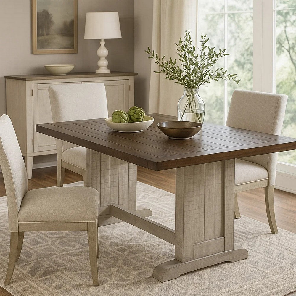 Benjara Camie Dining Table, 60 Inch Rectangular Plank Top, Dark Brown n Gray
