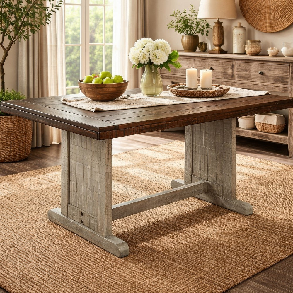 Benjara Camie Dining Table, 60 Inch Rectangular Plank Top, Dark Brown n Gray