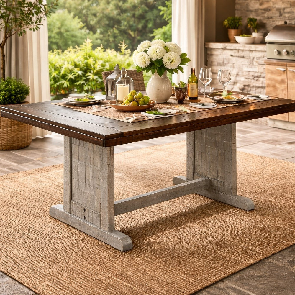 Benjara Camie Dining Table, 60 Inch Rectangular Plank Top, Dark Brown n Gray