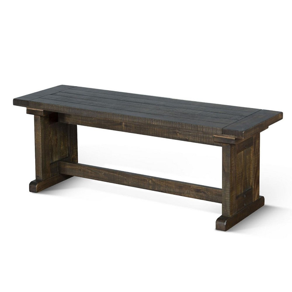 Benjara Camie Side Dining Bench, Plank Seat, Dark Brown Mahogany Wood 48 Inch