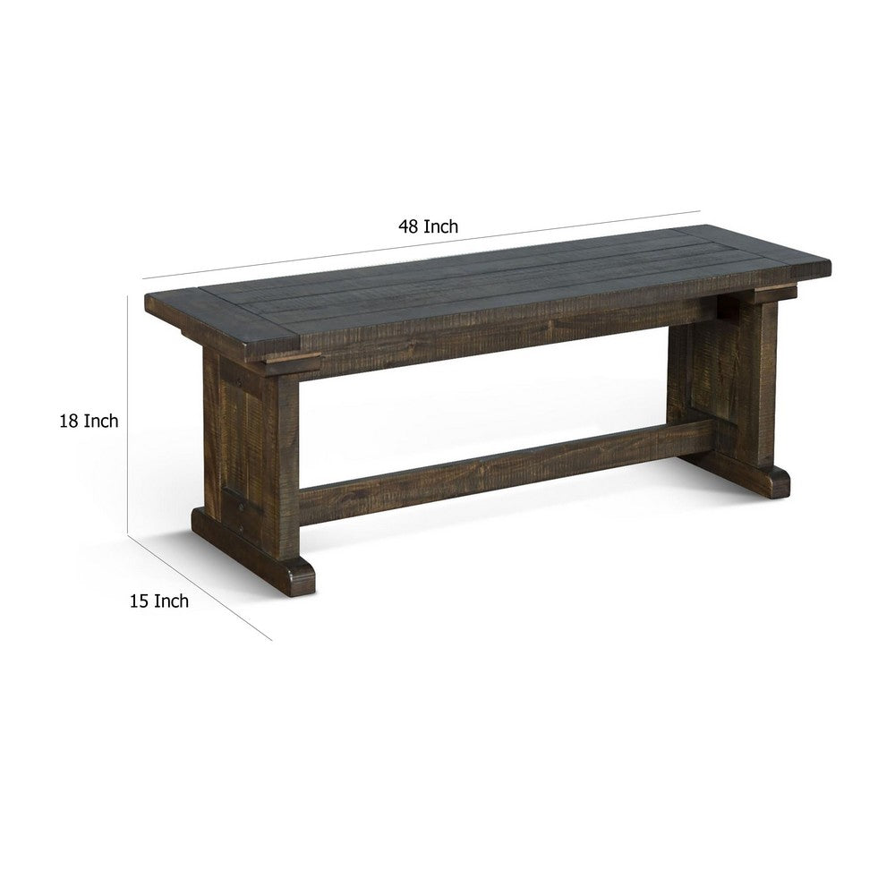 Benjara Camie Side Dining Bench, Plank Seat, Dark Brown Mahogany Wood 48 Inch