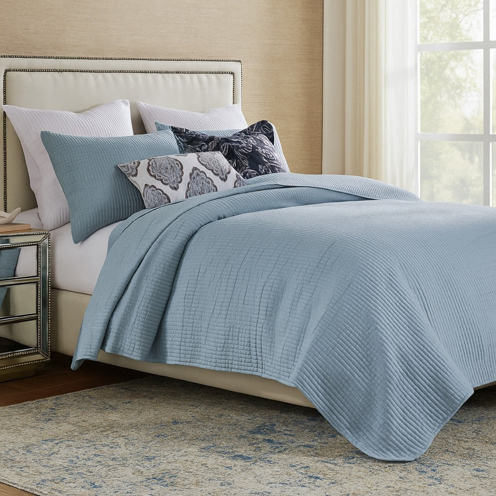 Benjara Fys 2pc Twin XL Size Coverlet Set, Woven Jacquard, Chambray Blue