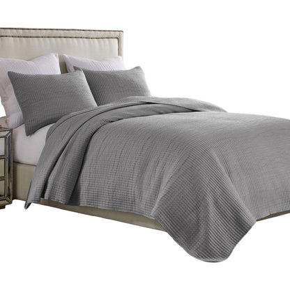 Benjara Fys 3pc Queen Size Coverlet Set, Soft Woven Jacquard Matelasse, Gray