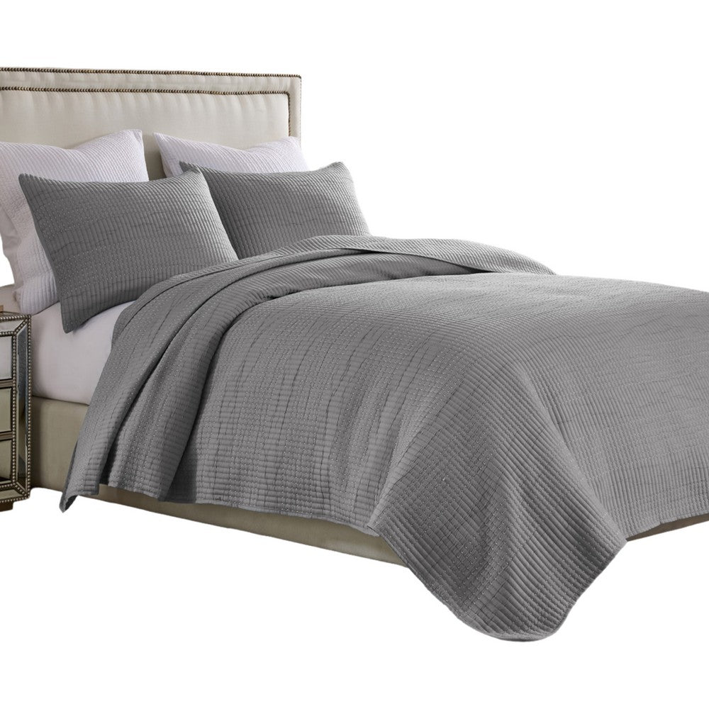 Benjara Fys 3pc King Size Coverlet Set, Soft Woven Jacquard Matelasse, Gray