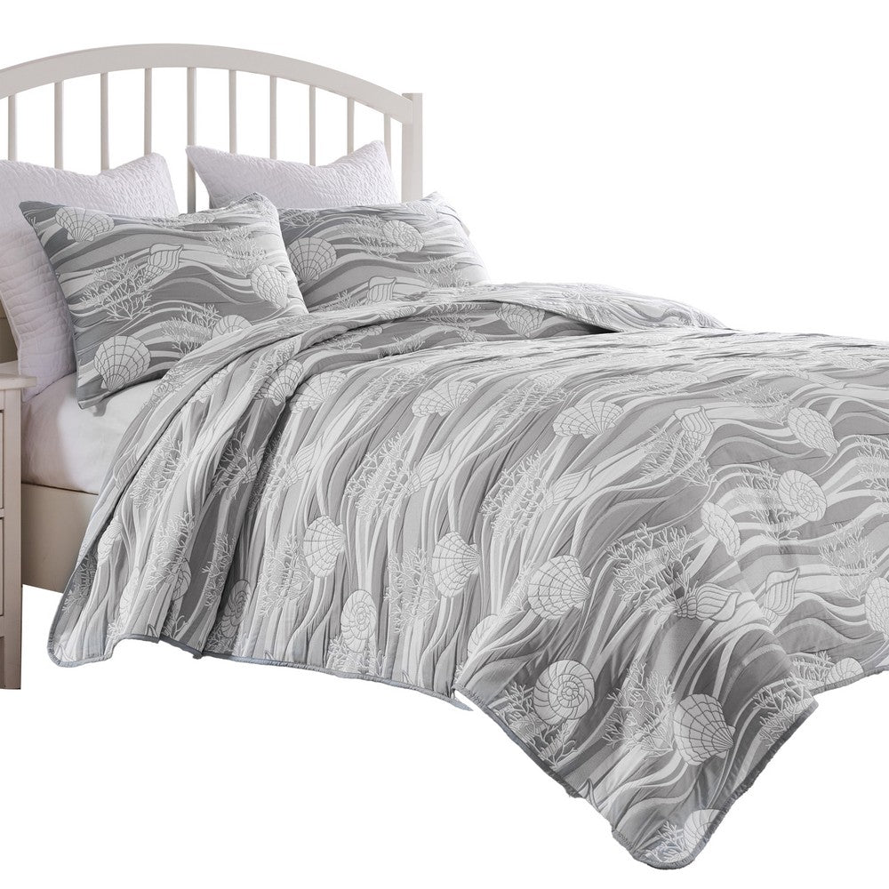 Benjara Doz 3pc King Size Coverlet Set, Coastal Matelasse, Harbor Gray, White