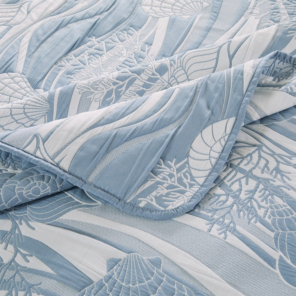 Benjara Doz 2pc Twin Size Coverlet Set, Coastal Matelasse, Tidal Blue, White