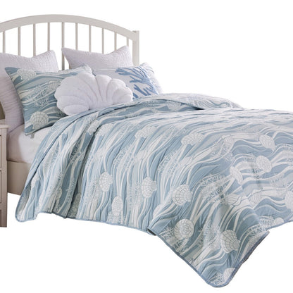 Benjara Doz 3pc Queen Size Coverlet Set, Coastal Matelasse, Tidal Blue, White