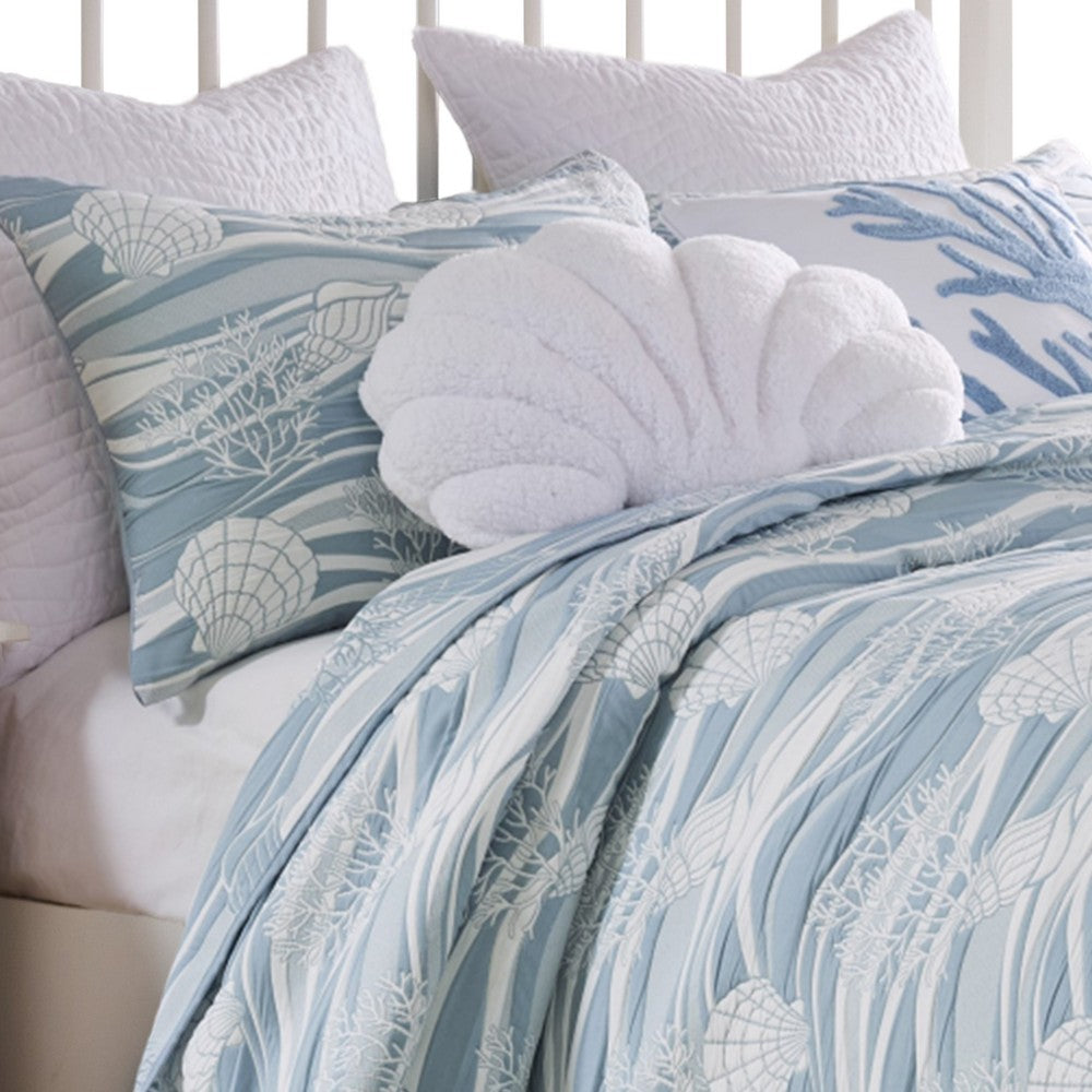 Benjara Doz 3pc Queen Size Coverlet Set, Coastal Matelasse, Tidal Blue, White