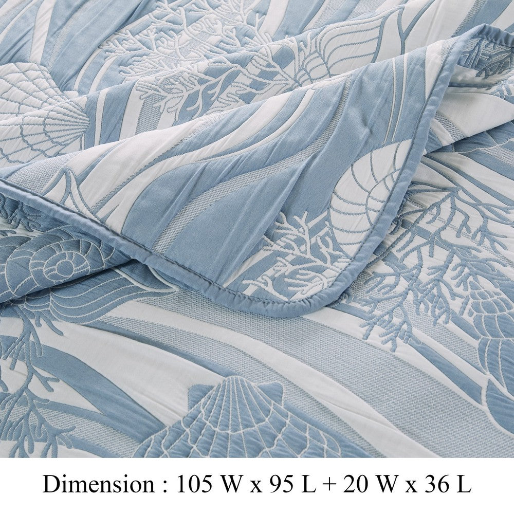 Benjara Doz 3pc King Size Coverlet Set, Coastal Matelasse, Tidal Blue, White