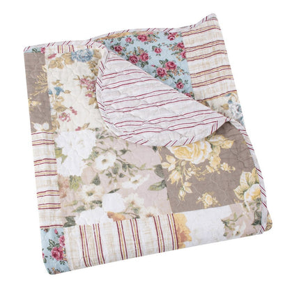 Benjara Ciny 50x60 Quilted Throw Blanket, Blue, Brown, And Yellow Floral Print