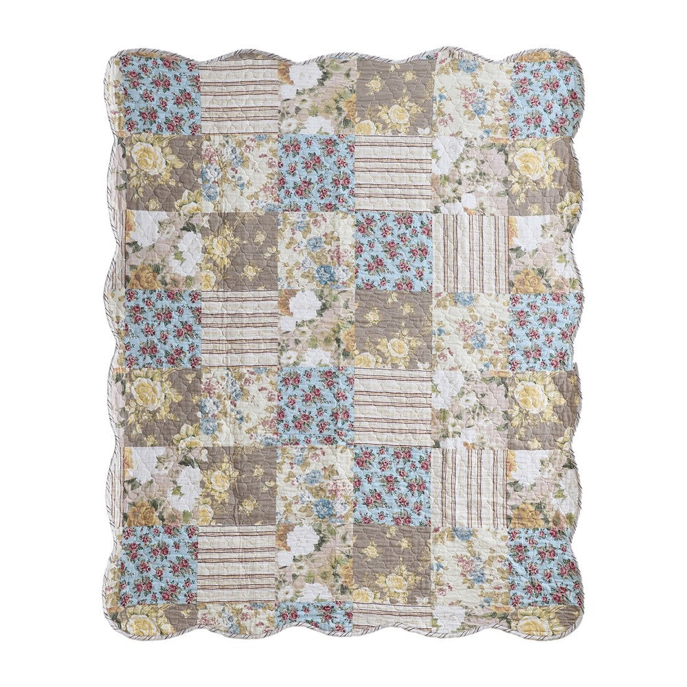 Benjara Ciny 50x60 Quilted Throw Blanket, Blue, Brown, And Yellow Floral Print
