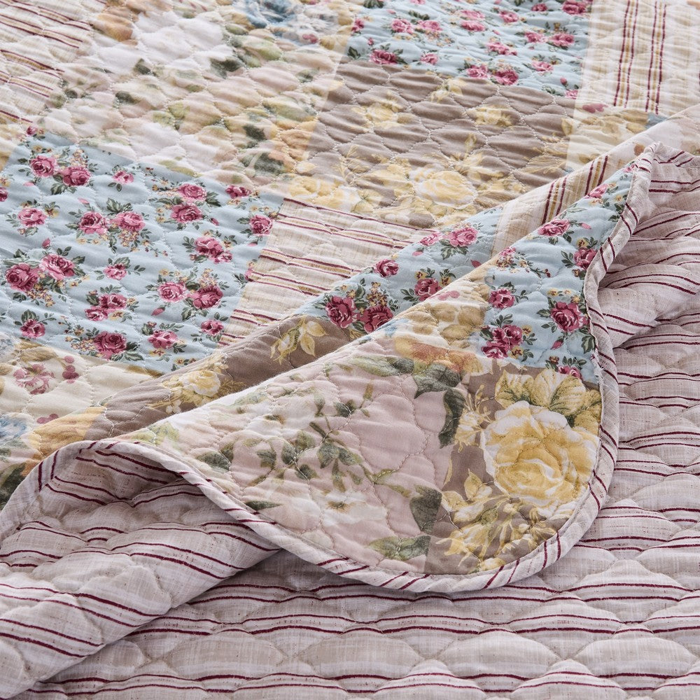 Benjara Ciny 50x60 Quilted Throw Blanket, Blue, Brown, And Yellow Floral Print