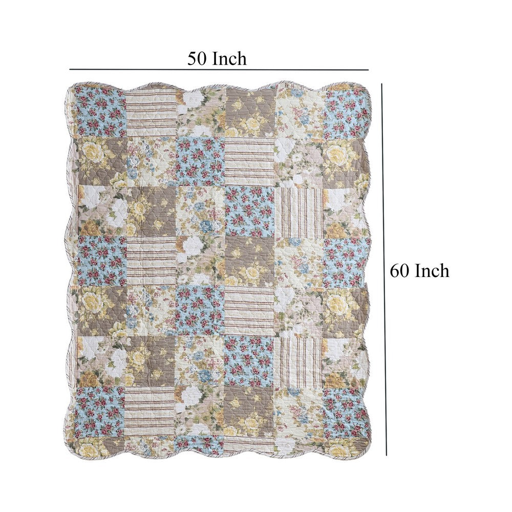 Benjara Ciny 50x60 Quilted Throw Blanket, Blue, Brown, And Yellow Floral Print