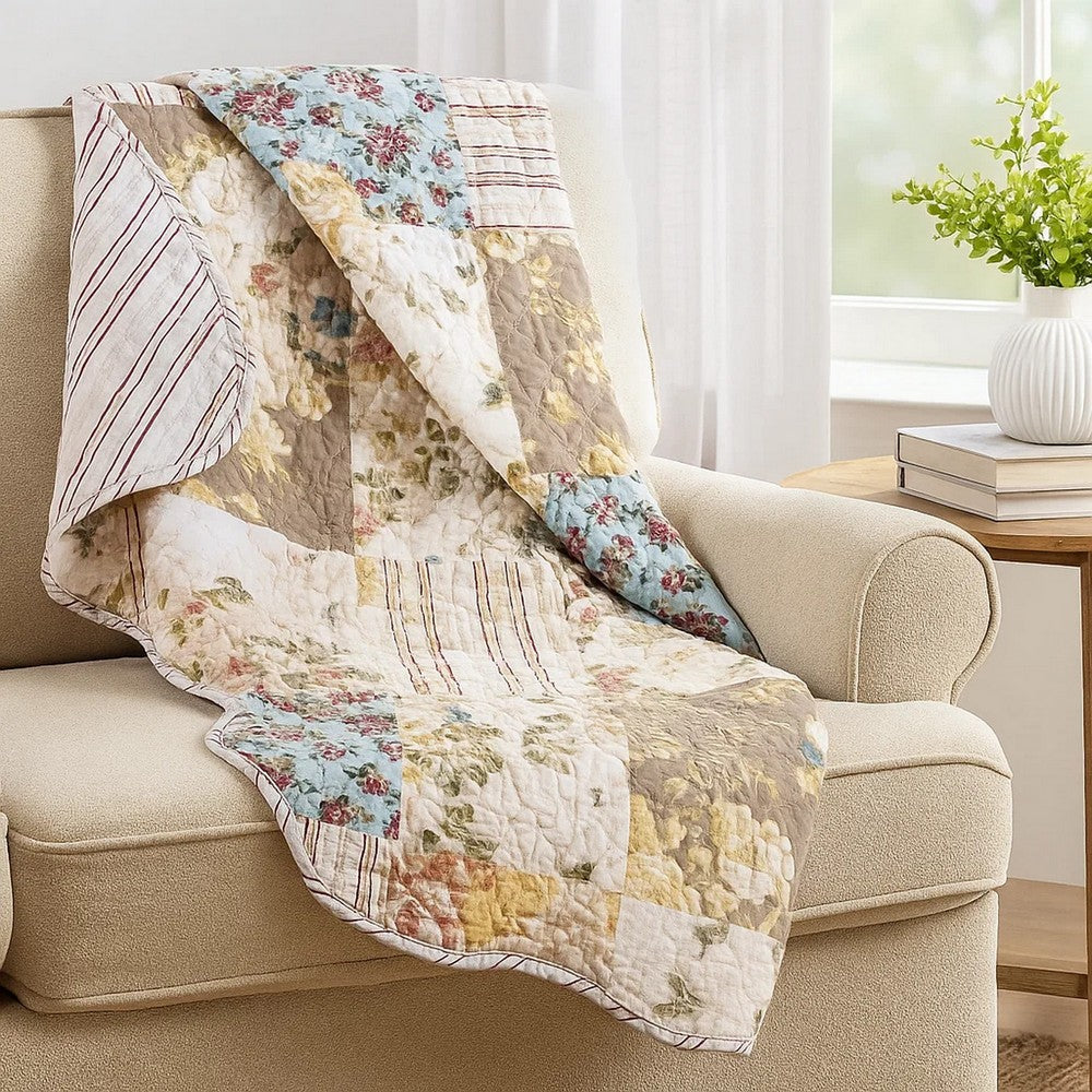 Benjara Ciny 50x60 Quilted Throw Blanket, Blue, Brown, And Yellow Floral Print