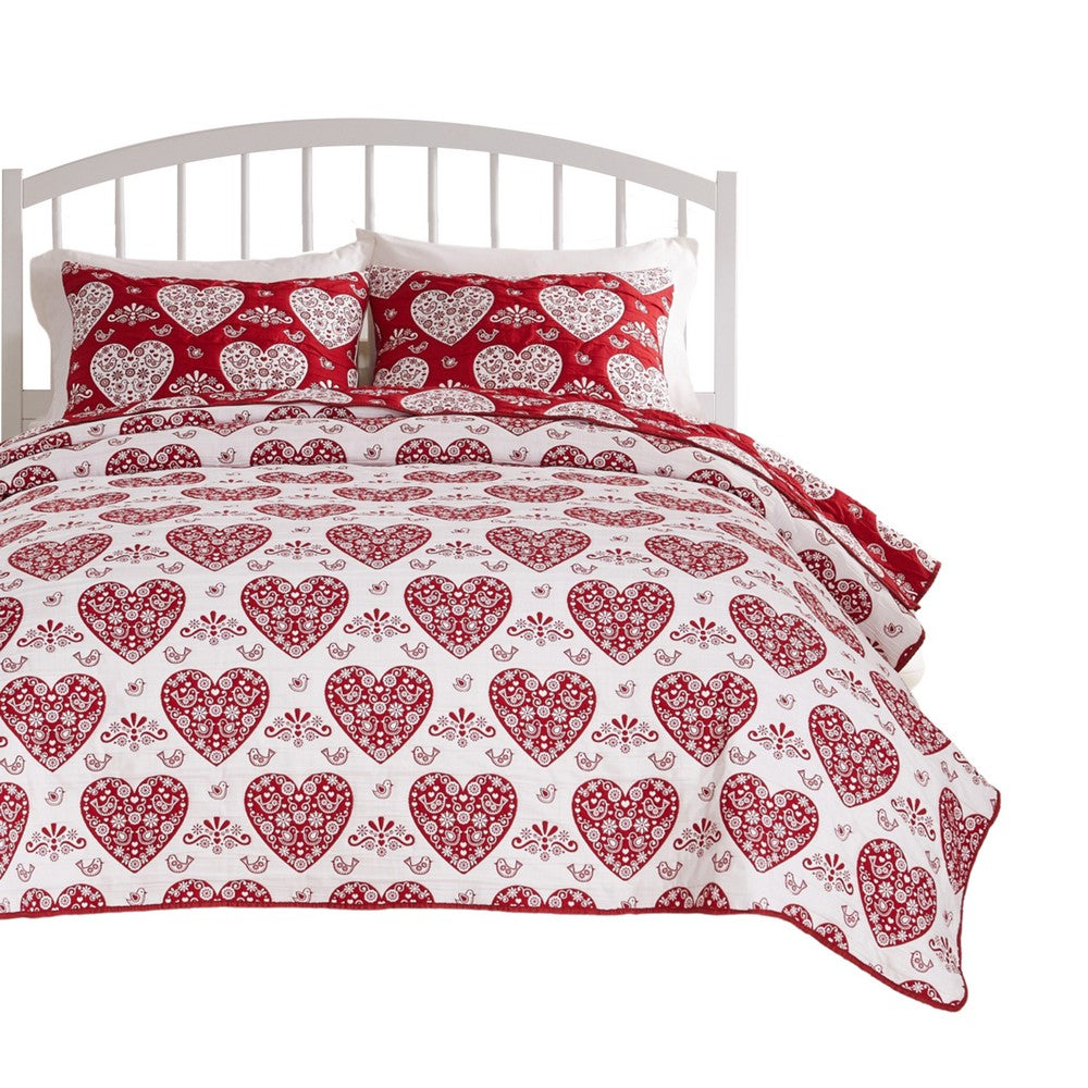 Benjara Liv 3pc Queen Size Coverlet Set, Woven Jacquard Matelasse, Red, White