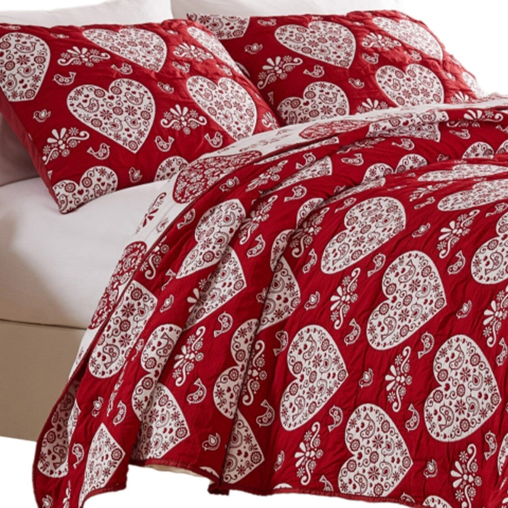 Benjara Liv 3pc King Size Coverlet Set, Woven Jacquard Matelasse, Red, White