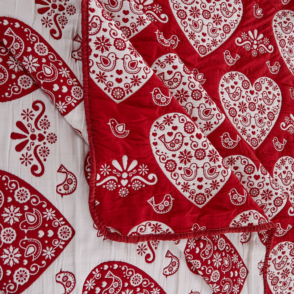Benjara Liv 3pc King Size Coverlet Set, Woven Jacquard Matelasse, Red, White