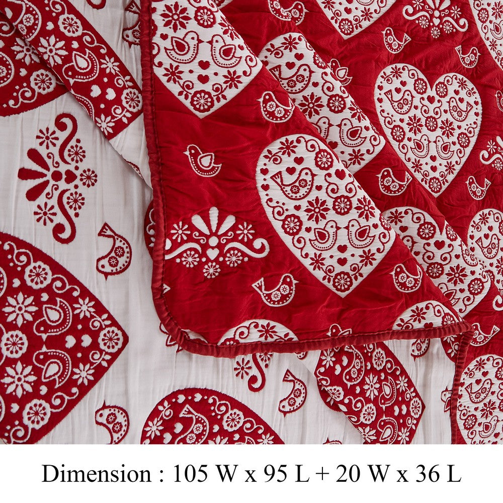 Benjara Liv 3pc King Size Coverlet Set, Woven Jacquard Matelasse, Red, White