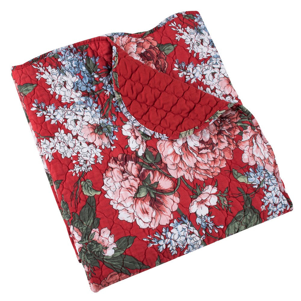 Benjara Milz 50x60 Quilted Throw Blanket, Cotton, Polyester, Red Floral Print
