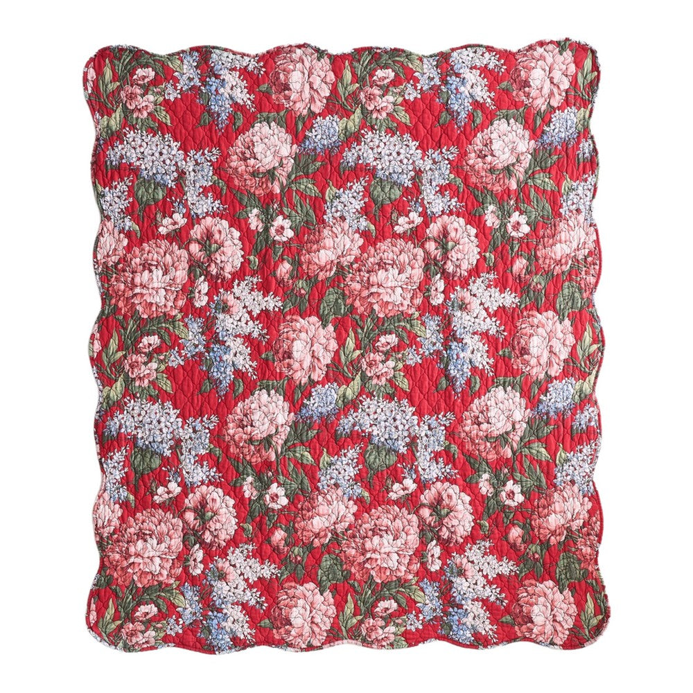 Benjara Milz 50x60 Quilted Throw Blanket, Cotton, Polyester, Red Floral Print