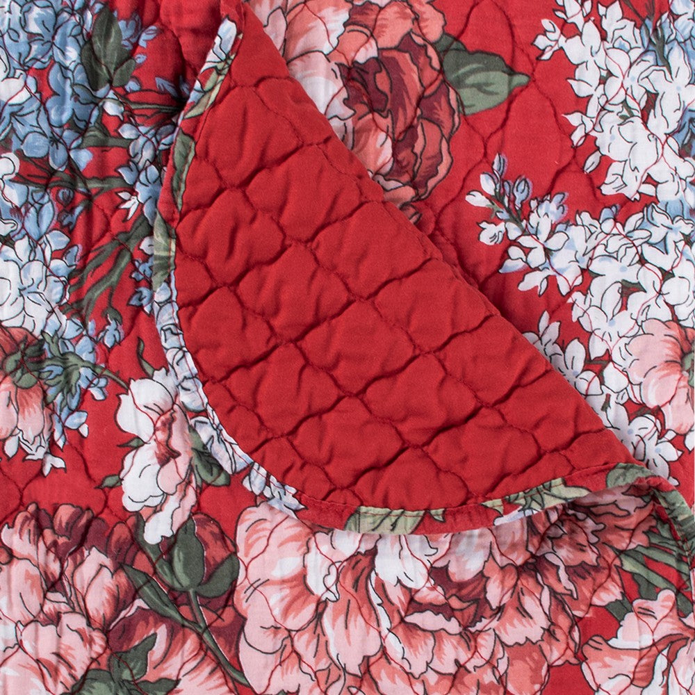 Benjara Milz 50x60 Quilted Throw Blanket, Cotton, Polyester, Red Floral Print