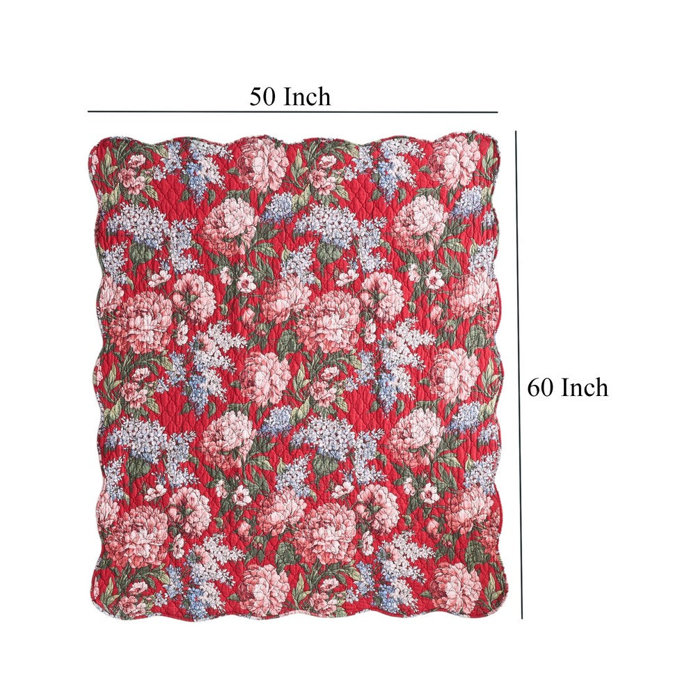 Benjara Milz 50x60 Quilted Throw Blanket, Cotton, Polyester, Red Floral Print