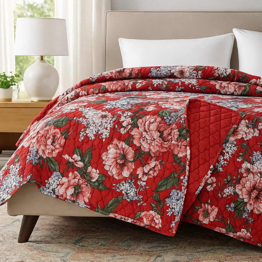 Benjara Milz 50x60 Quilted Throw Blanket, Cotton, Polyester, Red Floral Print