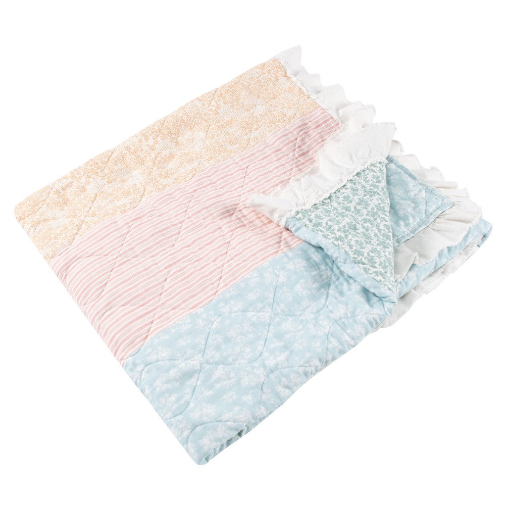 Benjara Tisy 50x60 Ruffle Throw Blanket, Cotton, Polyester, Pastel Stripes