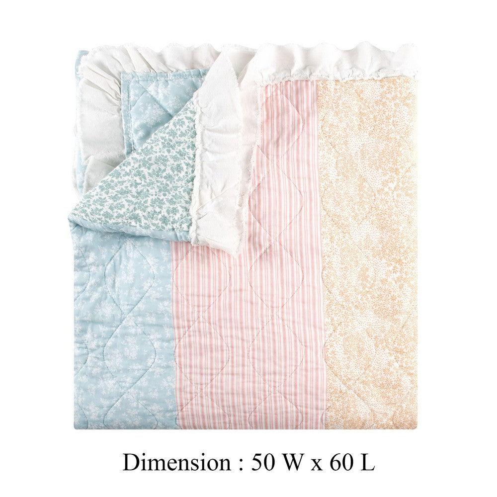 Benjara Tisy 50x60 Ruffle Throw Blanket, Cotton, Polyester, Pastel Stripes