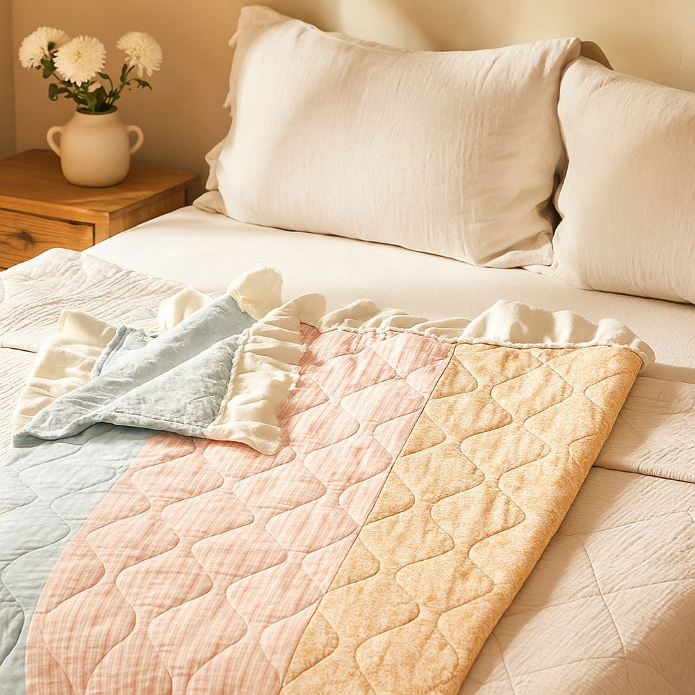 Benjara Tisy 50x60 Ruffle Throw Blanket, Cotton, Polyester, Pastel Stripes