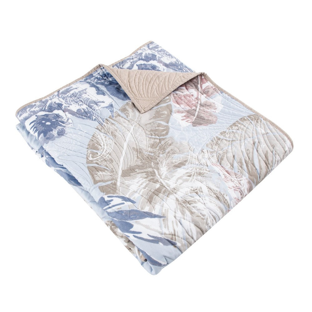 Benjara Heli 50x60 Quilted Throw Blanket, Blue Pink, Khaki Tropical Print