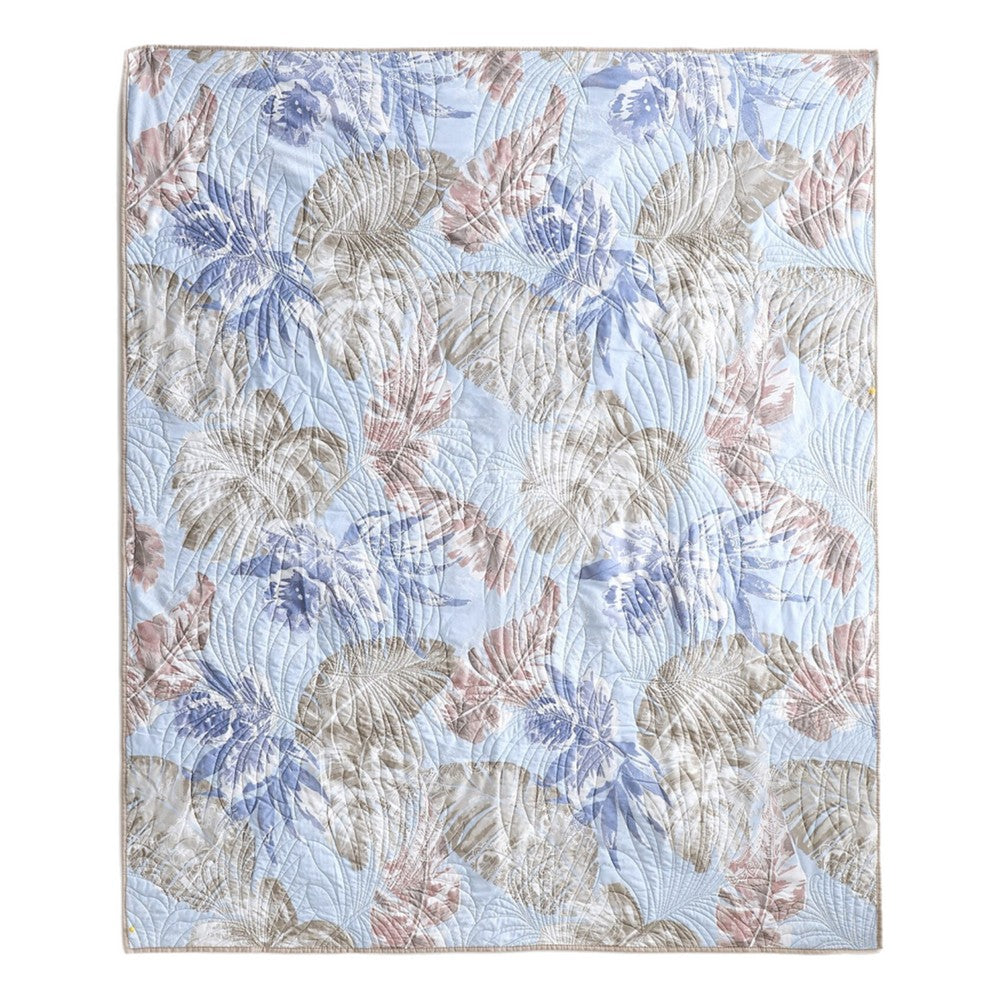 Benjara Heli 50x60 Quilted Throw Blanket, Blue Pink, Khaki Tropical Print