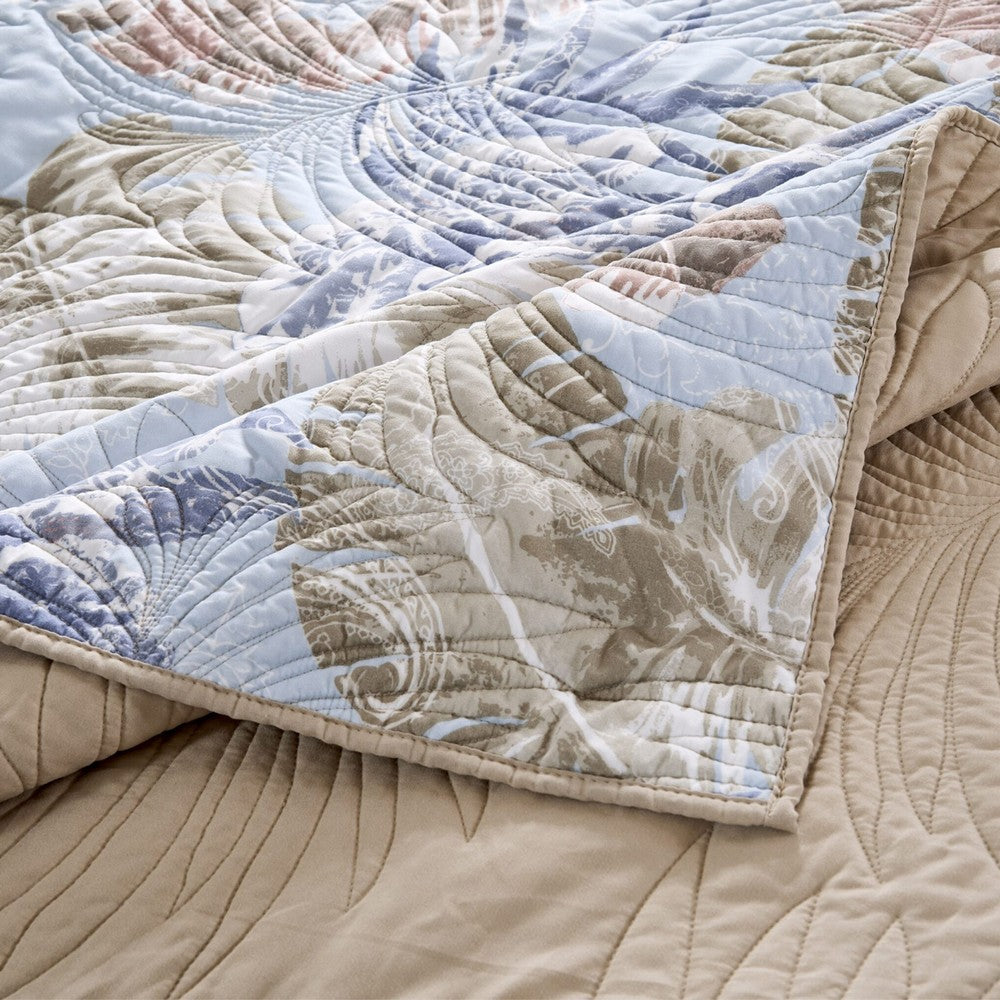 Benjara Heli 50x60 Quilted Throw Blanket, Blue Pink, Khaki Tropical Print