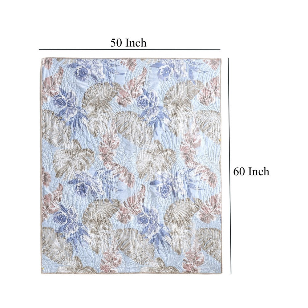 Benjara Heli 50x60 Quilted Throw Blanket, Blue Pink, Khaki Tropical Print