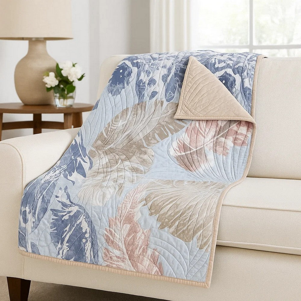 Benjara Heli 50x60 Quilted Throw Blanket, Blue Pink, Khaki Tropical Print
