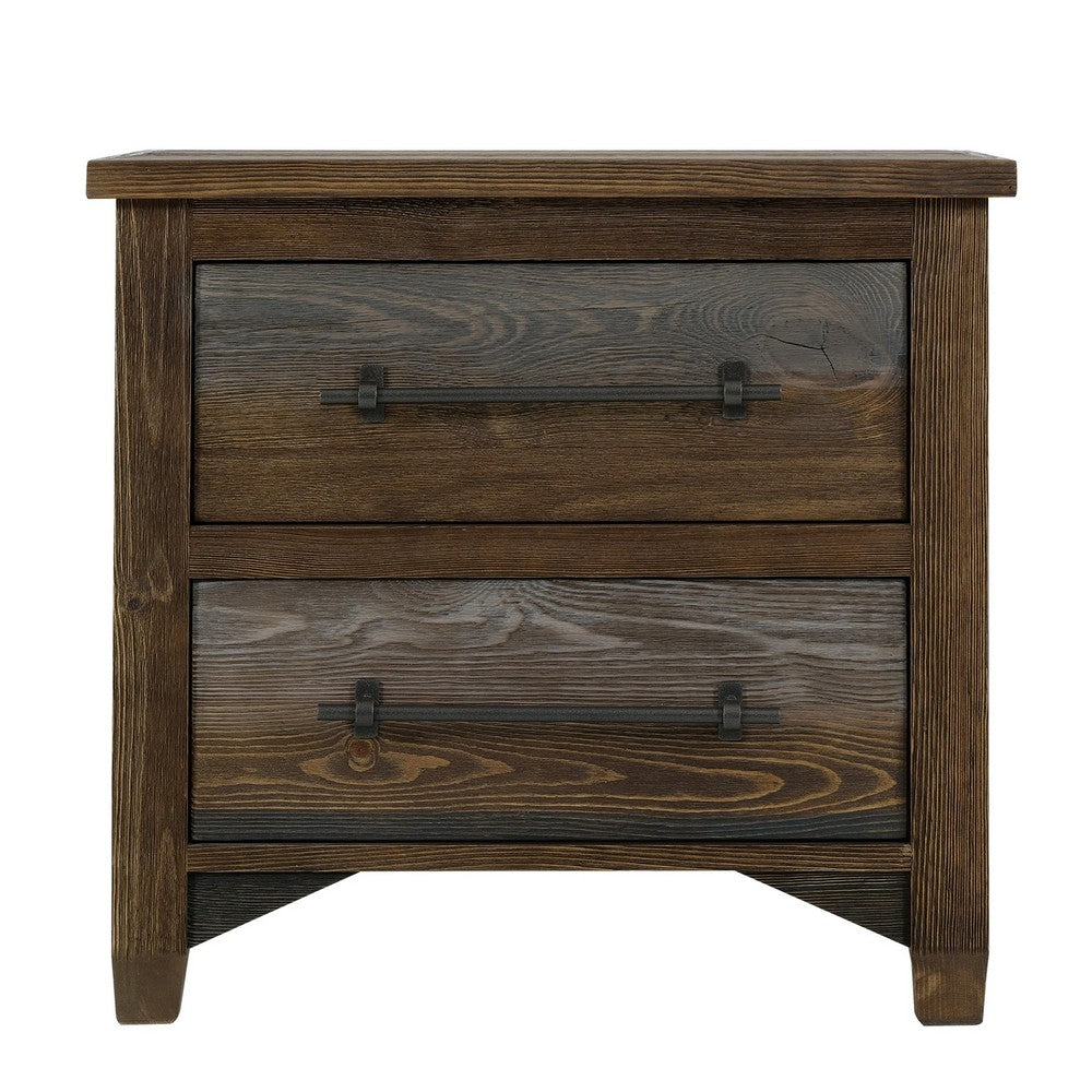 Benjara Tinaa Nightstand, 2 Drawers, Metal Handles, Brown Pine Wood, 28 Inch