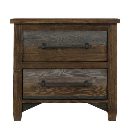 Benjara Tinaa Nightstand, 2 Drawers, Metal Handles, Brown Pine Wood, 28 Inch