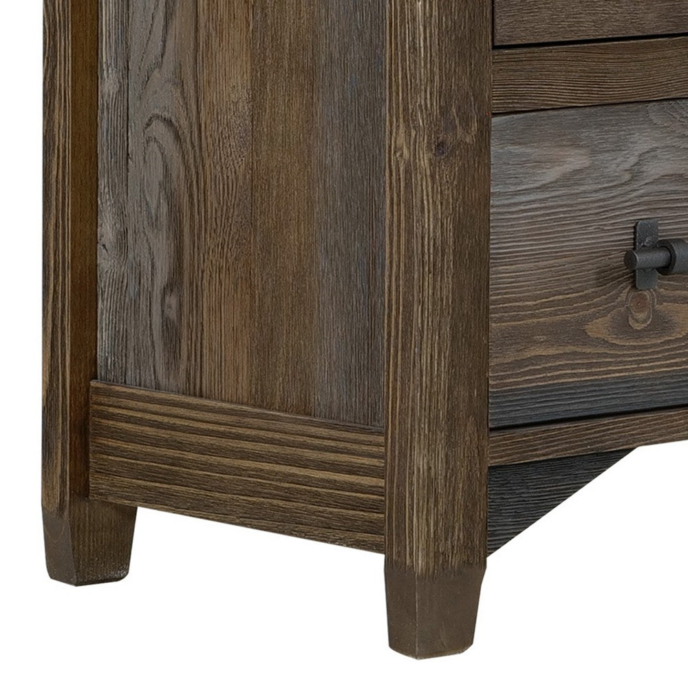 Benjara Tinaa Nightstand, 2 Drawers, Metal Handles, Brown Pine Wood, 28 Inch