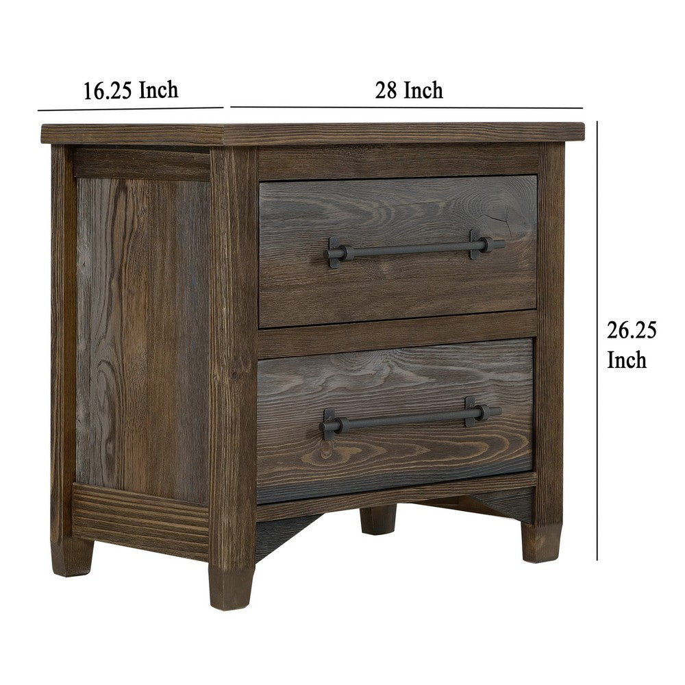 Benjara Tinaa Nightstand, 2 Drawers, Metal Handles, Brown Pine Wood, 28 Inch