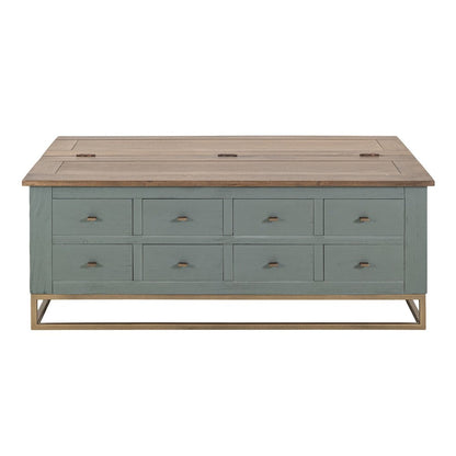 Benjara Timmy Cocktail Coffee Table, 8 Drawers, Sage Green Pine, 50 Inch