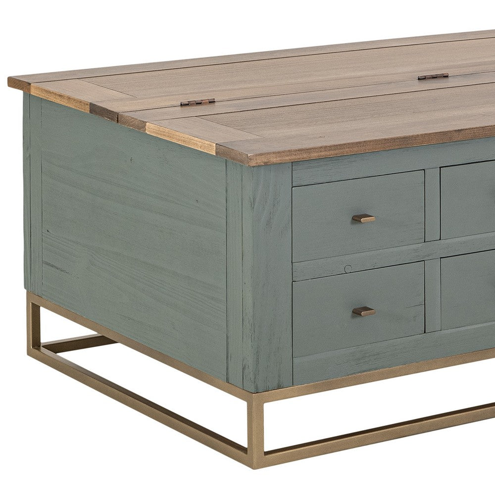 Benjara Timmy Cocktail Coffee Table, 8 Drawers, Sage Green Pine, 50 Inch