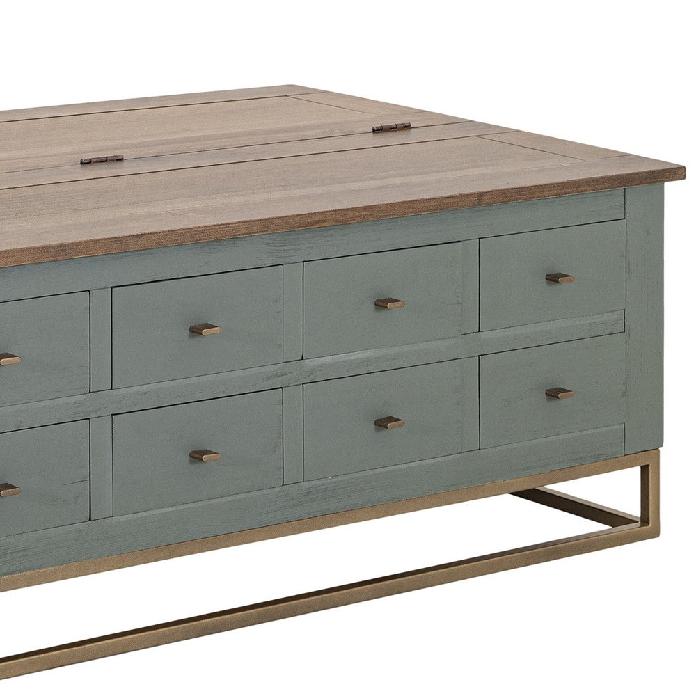 Benjara Timmy Cocktail Coffee Table, 8 Drawers, Sage Green Pine, 50 Inch