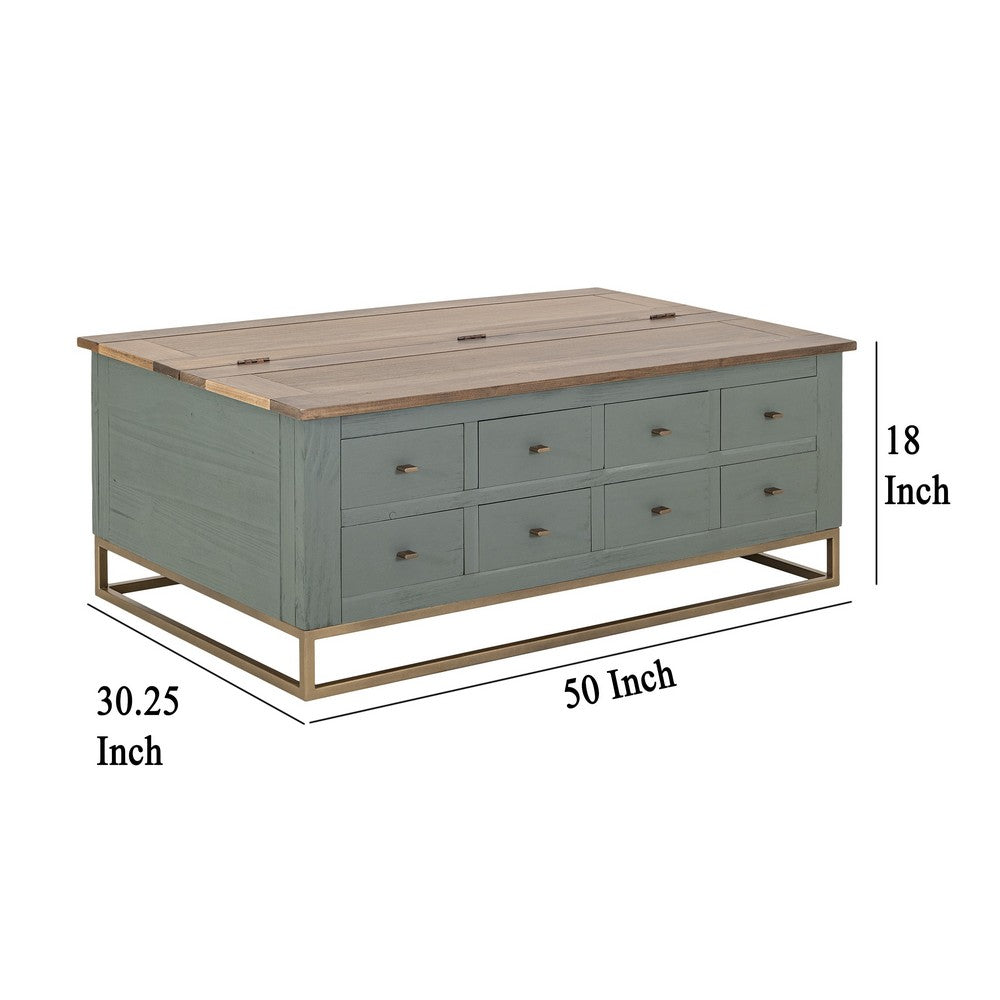 Benjara Timmy Cocktail Coffee Table, 8 Drawers, Sage Green Pine, 50 Inch
