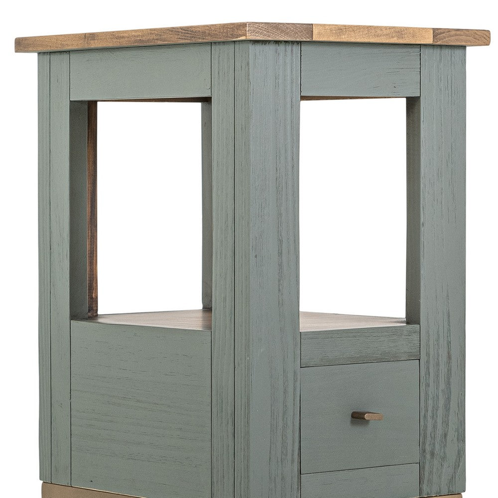 Benjara Timmy Chairside Table, 1 Drawer, Sage Green Pine Wood, 18 Inch