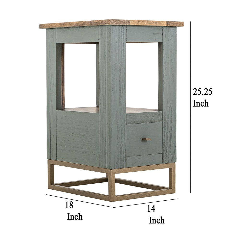 Benjara Timmy Chairside Table, 1 Drawer, Sage Green Pine Wood, 18 Inch