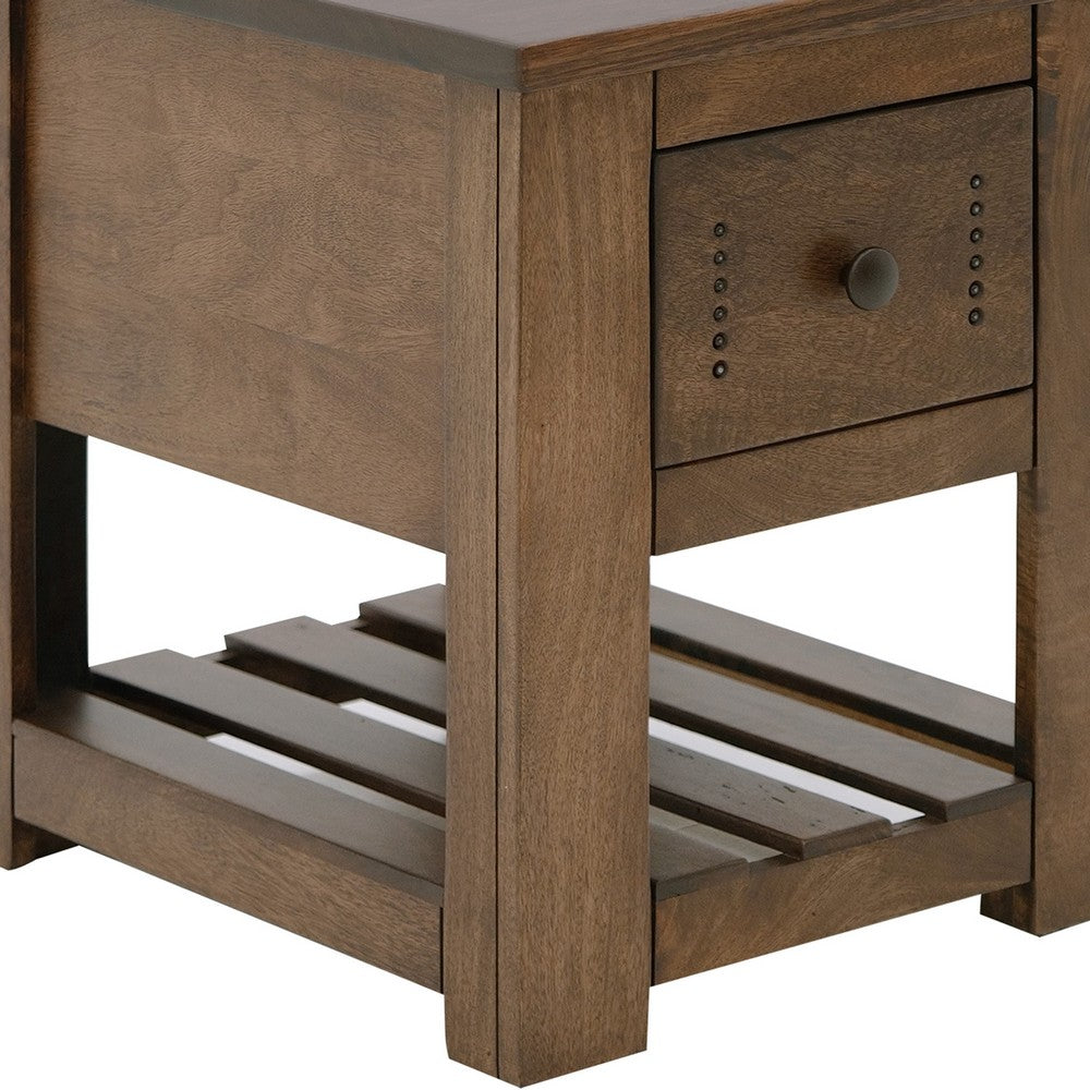 Benjara Linaa Chairside Table, 1 Drawer, 1 Shelf, Barrel Brown Wood, 24 Inch